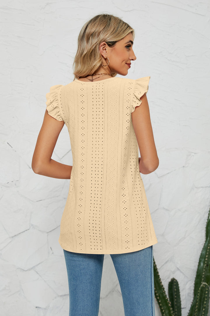 Smocked Round Neck Eyelet Top | Trendsi