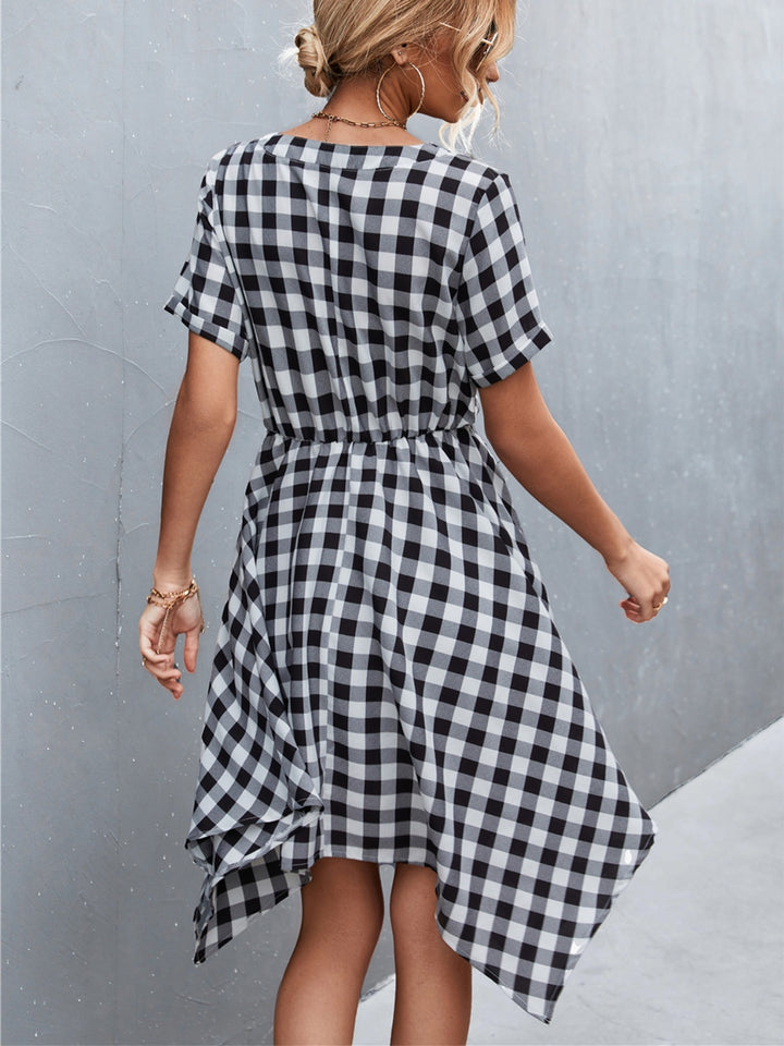 Plaid Notched Short Sleeve Dress | Trendsi