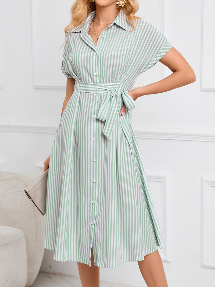 Striped Short Sleeve Tie Waist Midi Dress | Trendsi