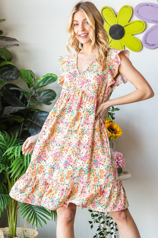 Heimish Full Size Floral Ruffled V-Neck Dress | Trendsi