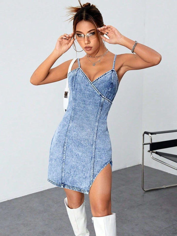 Slit Surplice Spaghetti Strap Denim Dress | Trendsi