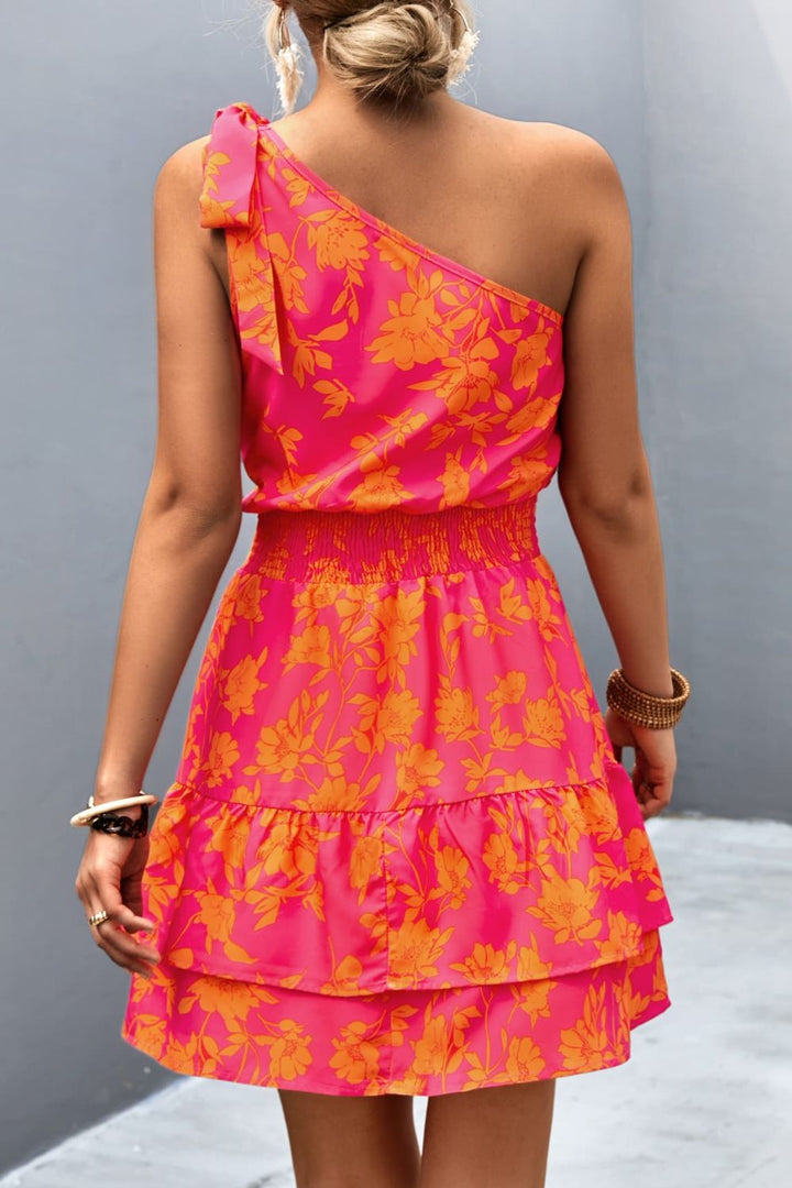 Tied Smocked Printed Single Shoulder Dress | Trendsi