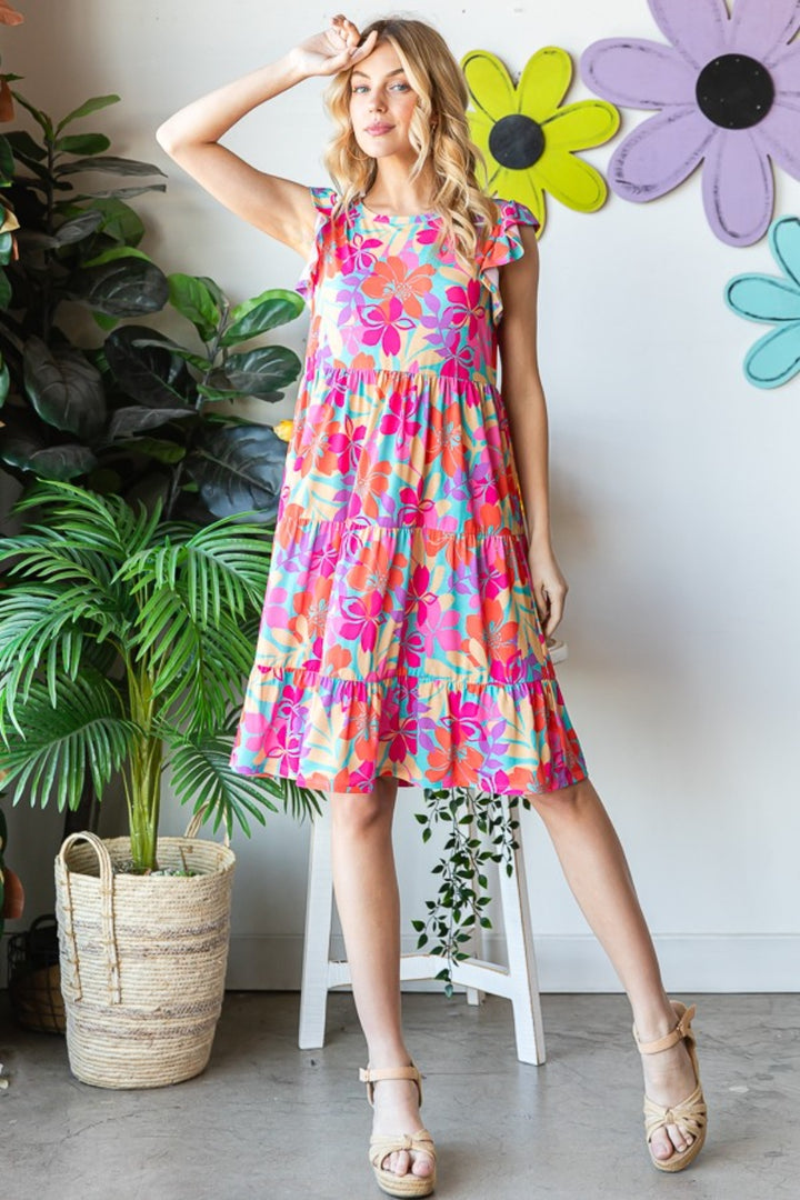 Heimish Full Size Floral Cap Sleeve Tiered Dress | Trendsi