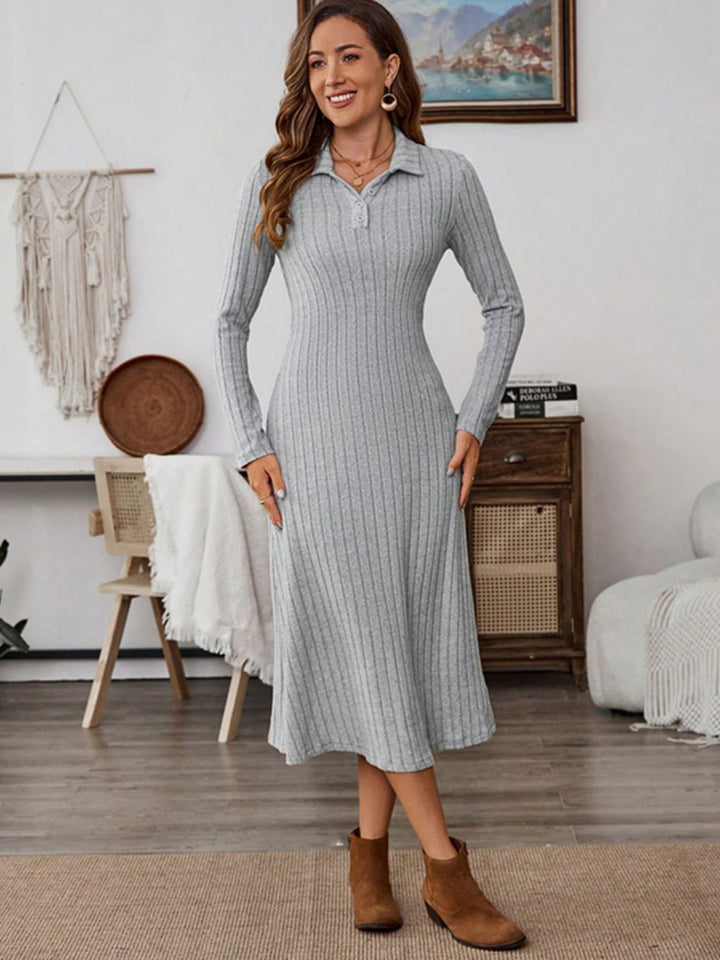 Collared Neck Long Sleeve Midi Dress | Trendsi