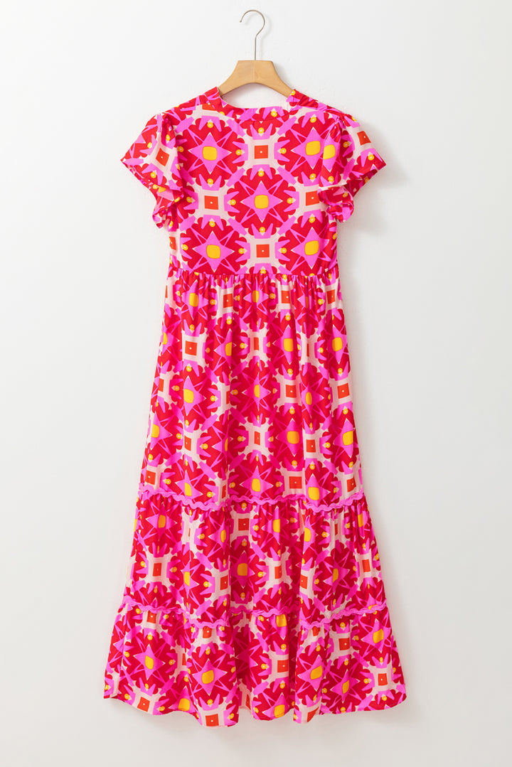 Printed Notched Cap Sleeve Dress | Trendsi