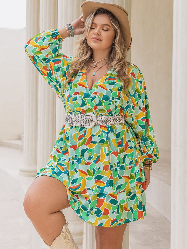 Plus Size Printed Surplice Long Sleeve Mini Dress | Trendsi