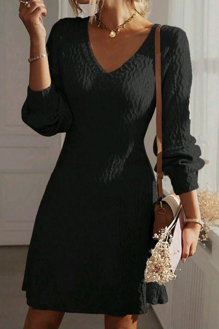 Texture V-Neck Long Sleeve Dress | Trendsi