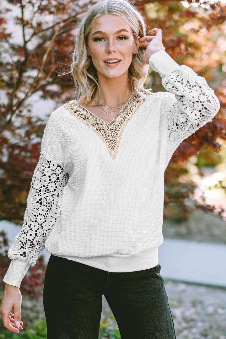 V-Neck Crochet Long Sleeve Blouse | Trendsi