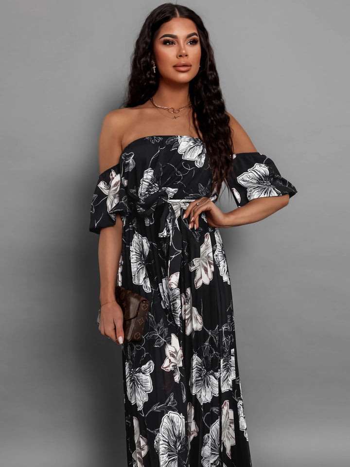 Pleated Floral Off-Shoulder Short Sleeve Midi Dress | Trendsi