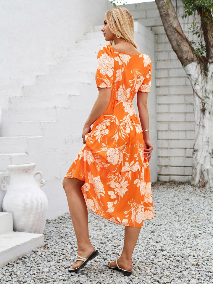 Printed Asymmetric Neck Short Sleeve Midi Dress | Trendsi