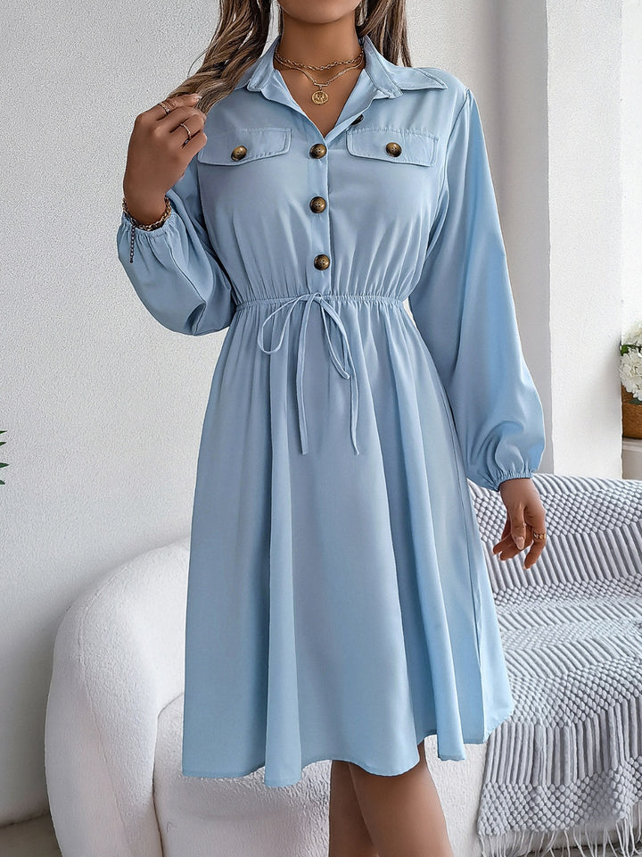 Collared Neck Long Sleeve Dress with Pockets | Trendsi