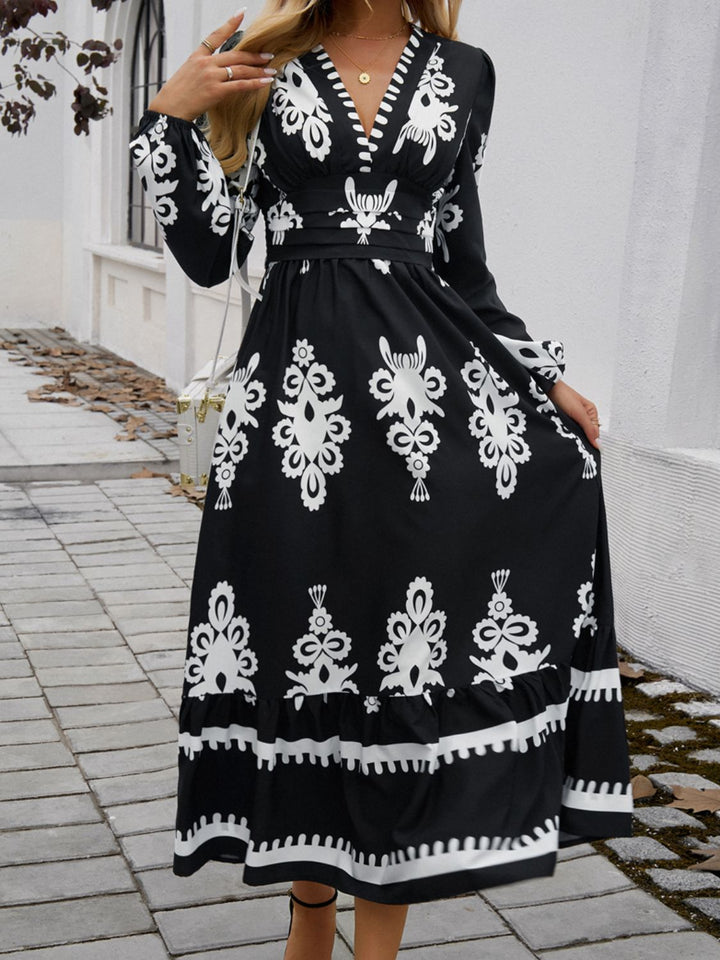 Devine Ruffled Printed Plunge Long Sleeve Dress | Trendsi