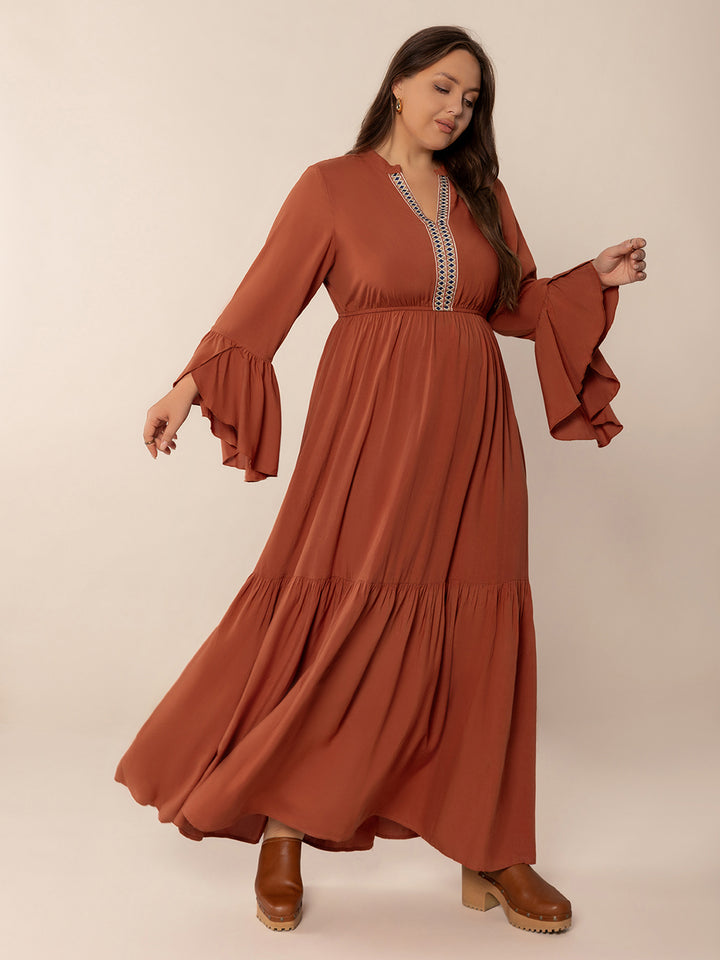 Plus Size Ruffled Notched Long Sleeve Midi Dress | Trendsi