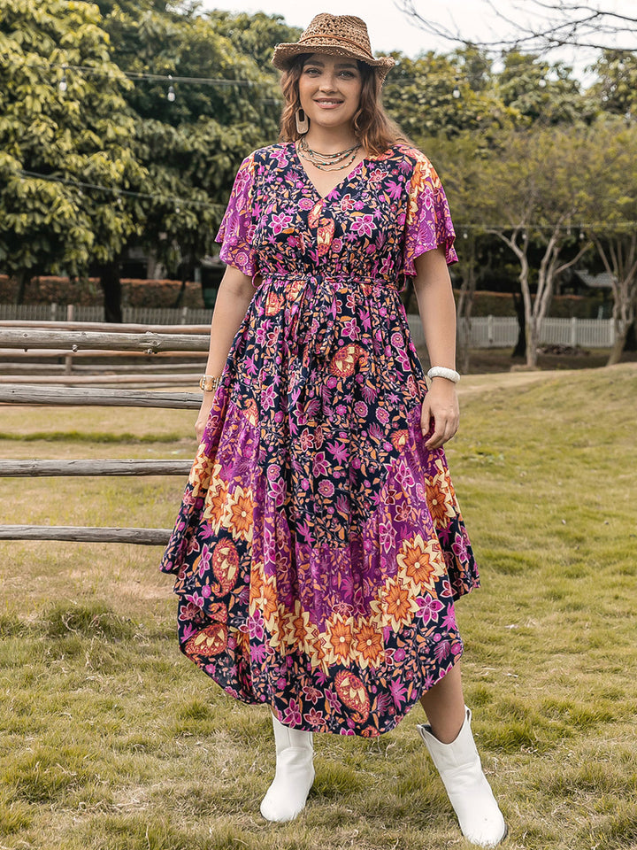 Plus Size Printed V-Neck Flutter Sleeve Midi Dress | Trendsi