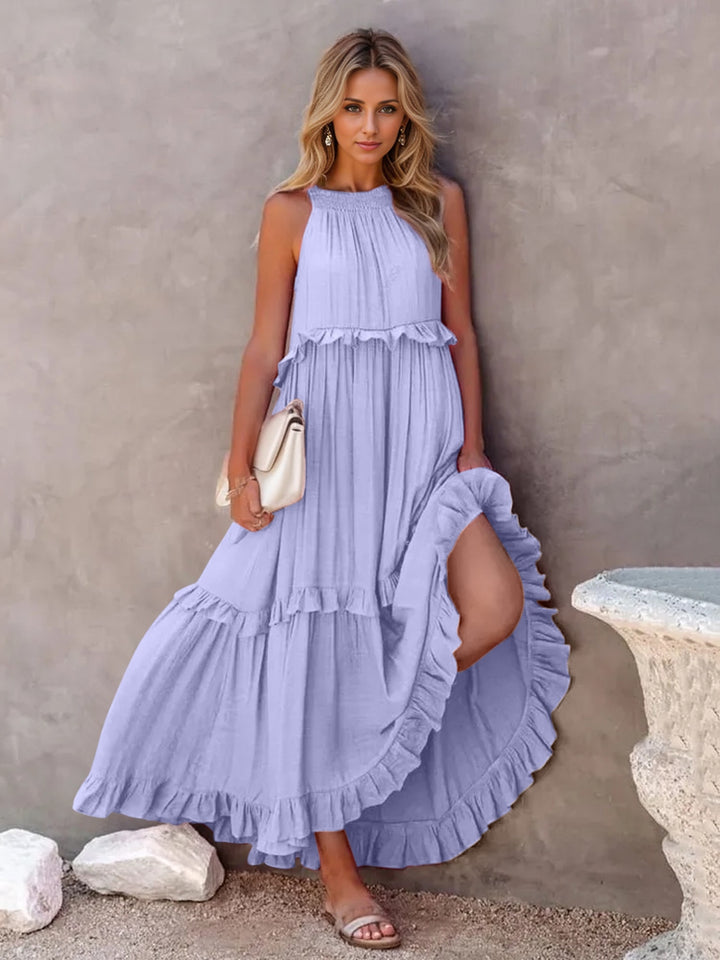 Ruffled Sleeveless Tiered Maxi Dress with Pockets | Trendsi