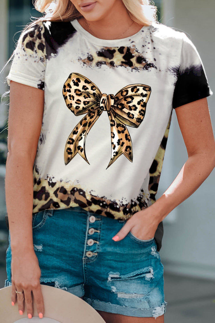 Bow Graphic Leopard Round Neck Short Sleeve T-Shirt | Trendsi