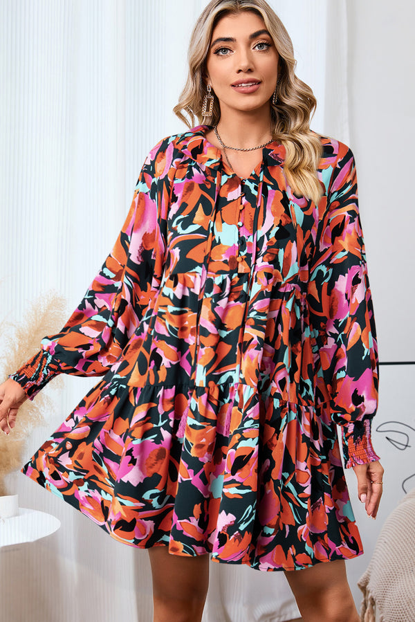 Printed Tie Neck Lantern Sleeve Mini Dress | Trendsi