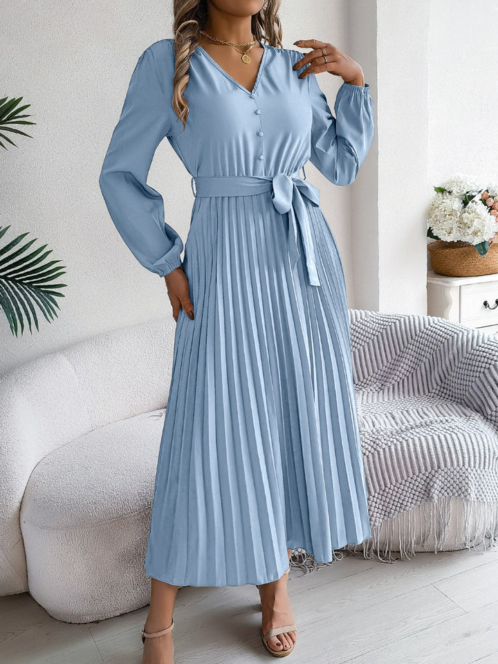 Pleated Tied V-Neck Long Sleeve Dress | Trendsi