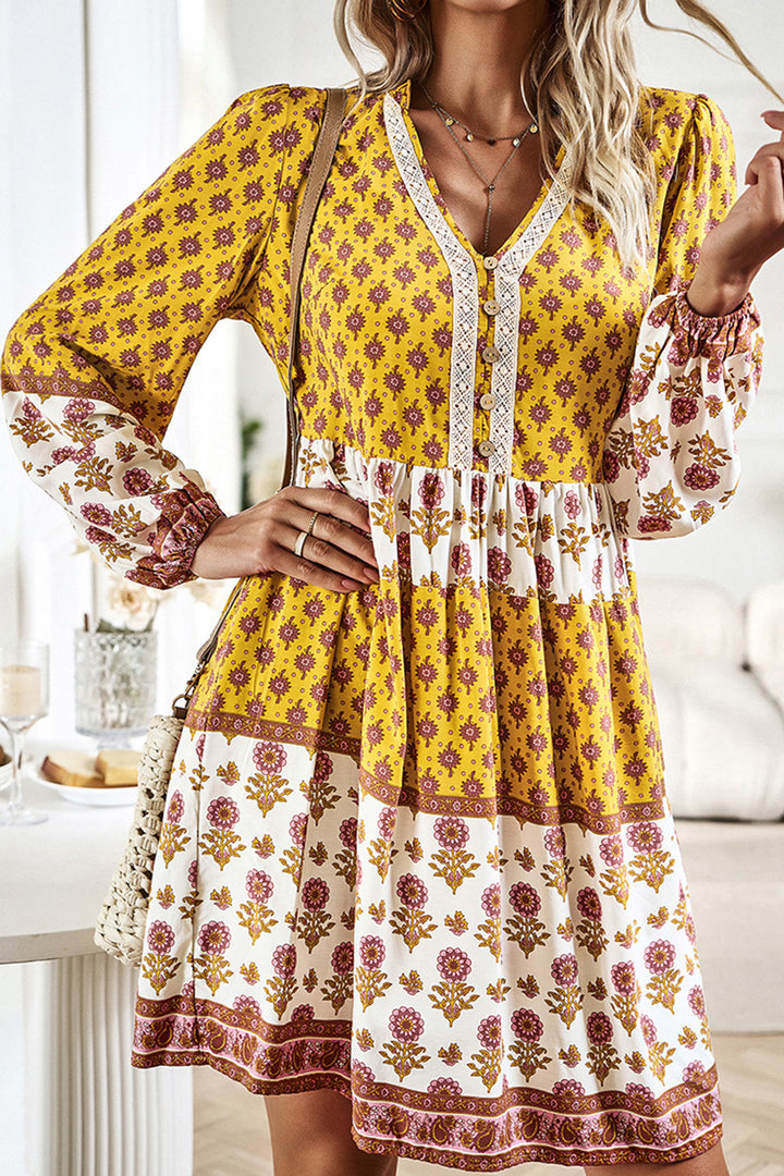 Printed V-Neck Long Sleeve Dress | Trendsi