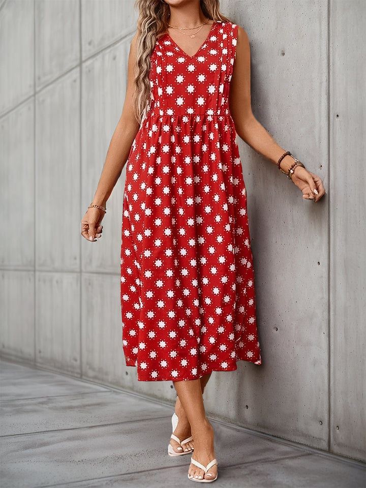 Printed V-Neck Sleeveless Midi Dress | Trendsi