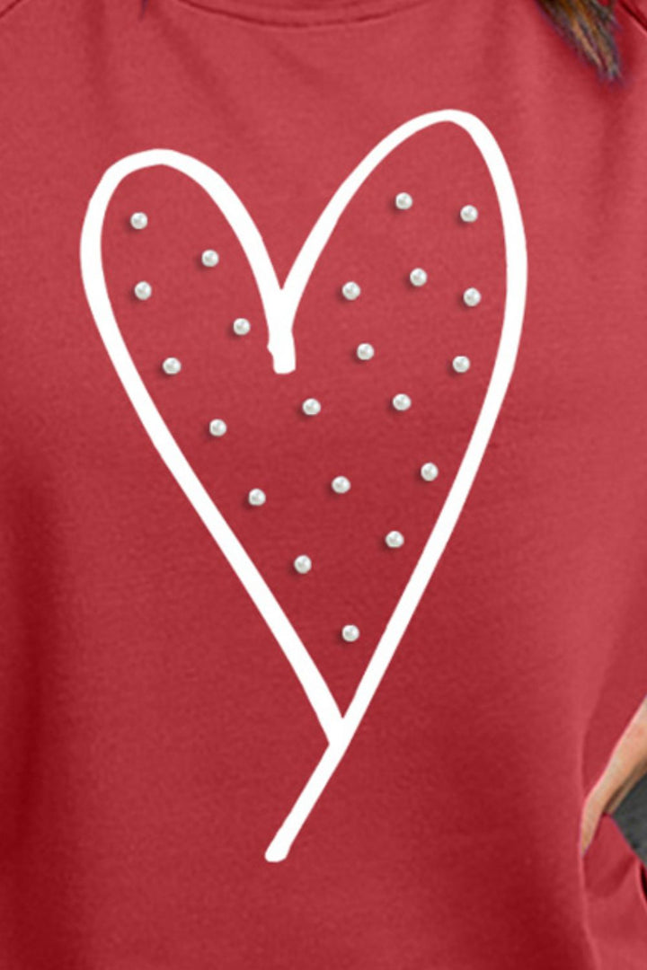 Heart Pearl Detail Round Neck Sweatshirt | Trendsi