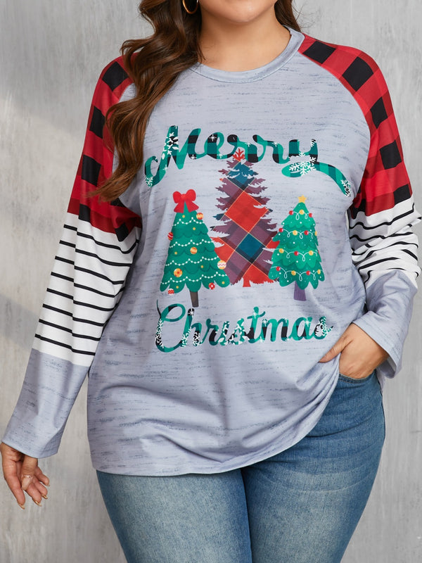 Plus Size Christmas Tree Plaid Round Neck Long Sleeve T-Shirt | Trendsi