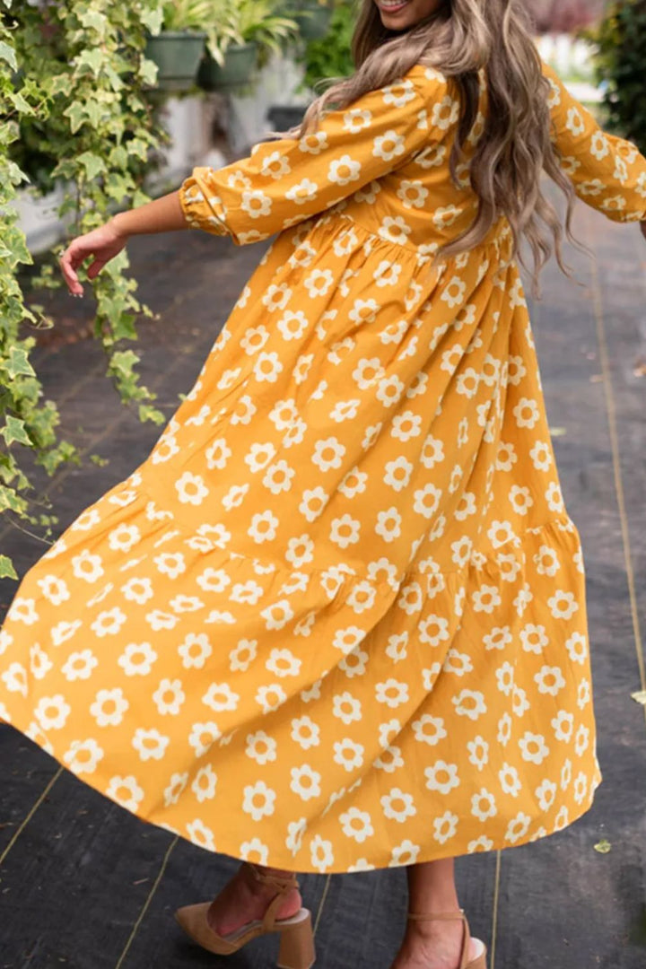 Floral Collared Neck Three-Quarter Sleeve Dress | Trendsi