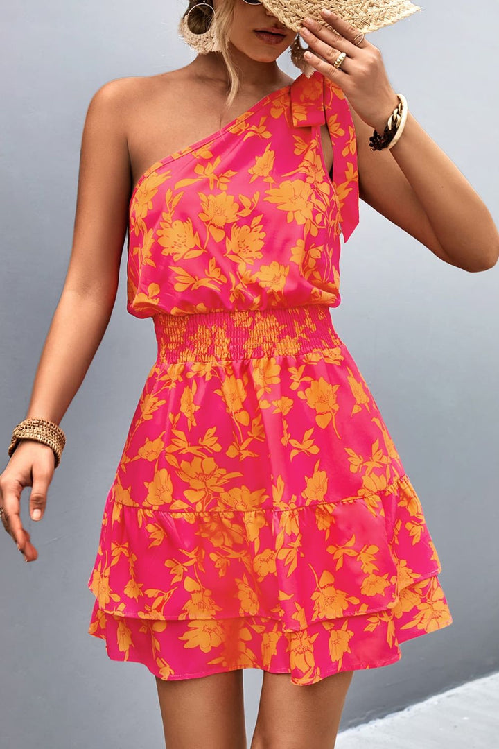 Tied Smocked Printed Single Shoulder Dress | Trendsi