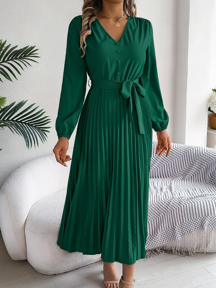 Pleated Tied V-Neck Long Sleeve Dress | Trendsi