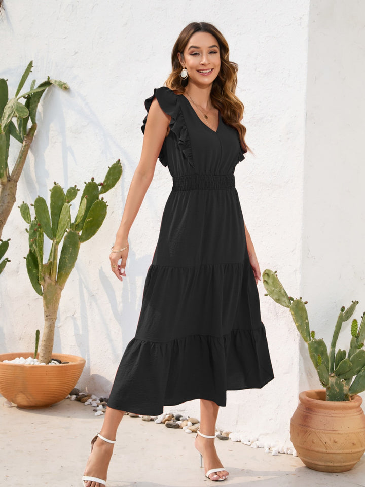 Tiered Ruffled V-Neck Cap Sleeve Dress | Trendsi