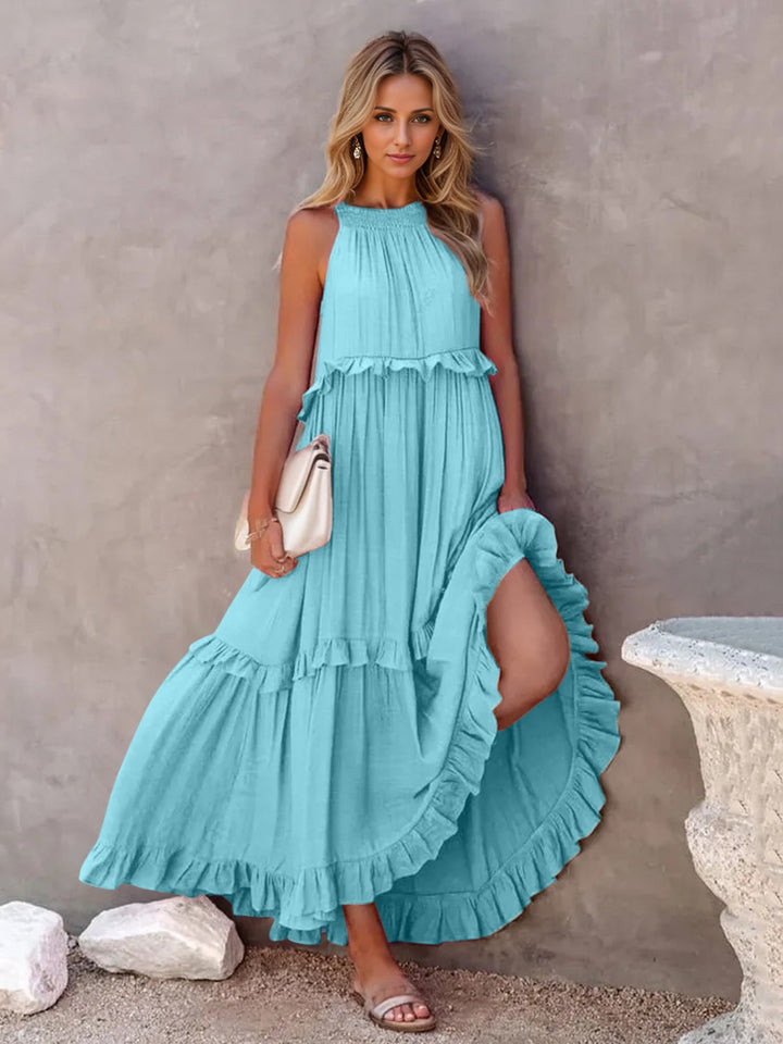 Ruffled Sleeveless Tiered Maxi Dress with Pockets | Trendsi