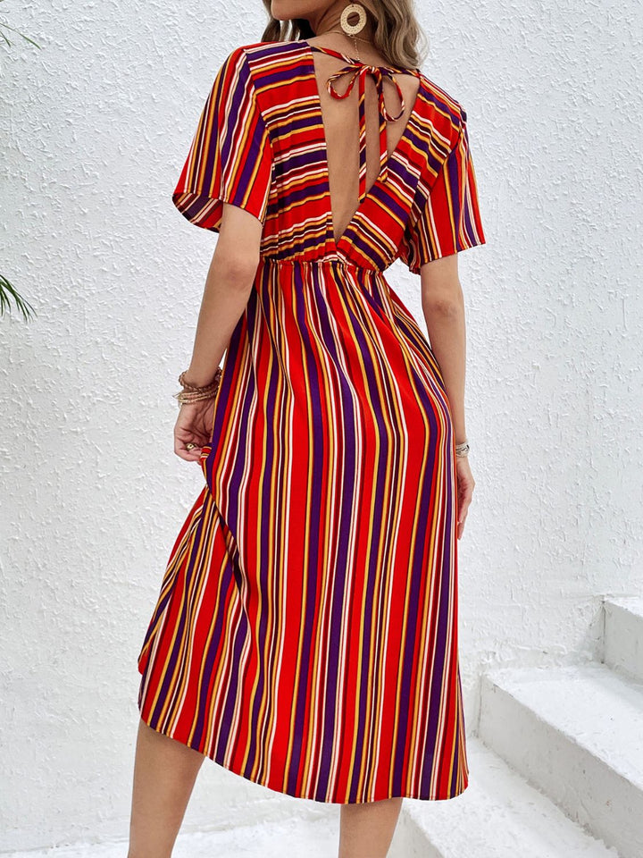 Slit Striped V-Neck Short Sleeve Midi Dress | Trendsi