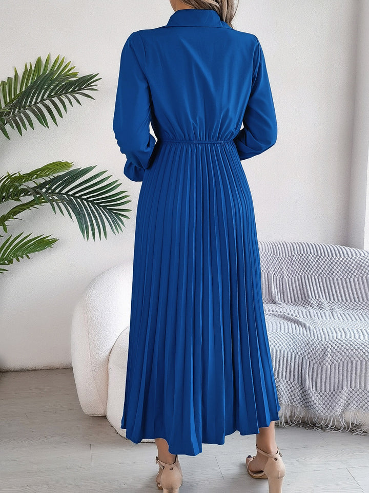 Pleated Half Button Long Sleeve Midi Dress | Trendsi