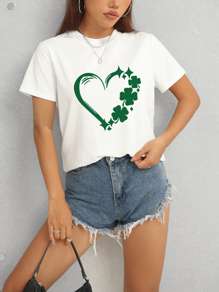 Heart Lucky Clover Round Neck Short Sleeve T-Shirt | Trendsi