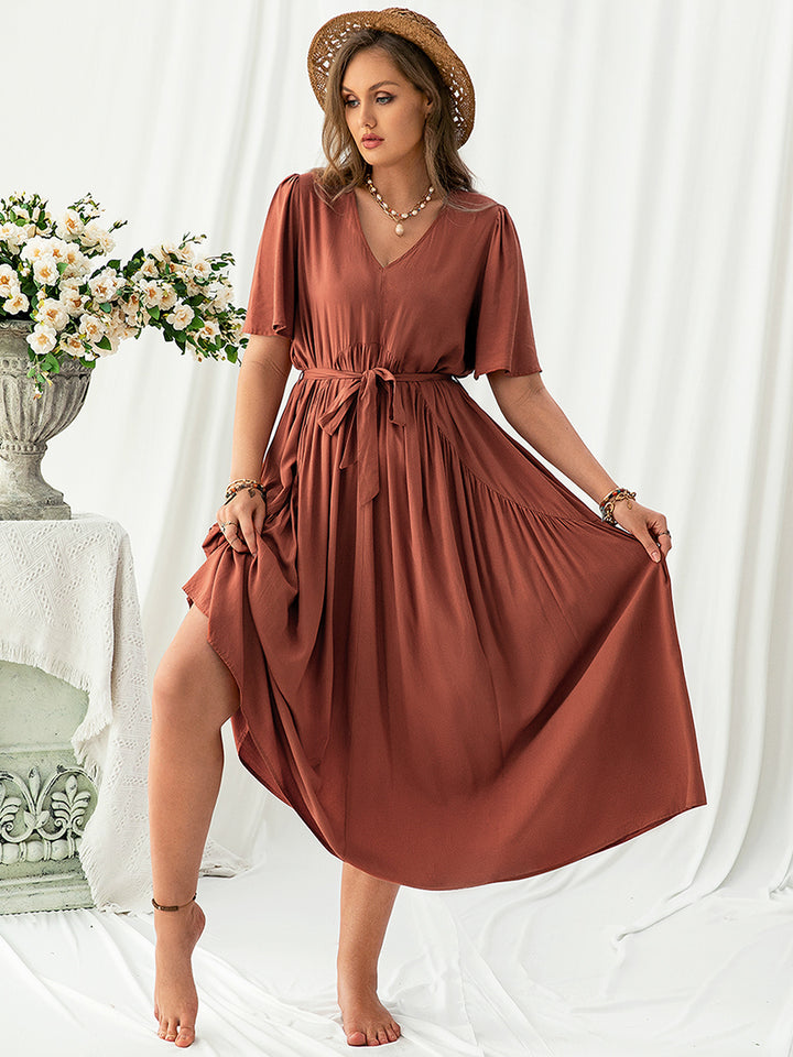 Plus Size V-Neck Flutter Sleeve Midi Dress | Trendsi