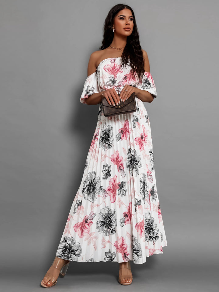 Pleated Floral Off-Shoulder Short Sleeve Midi Dress | Trendsi