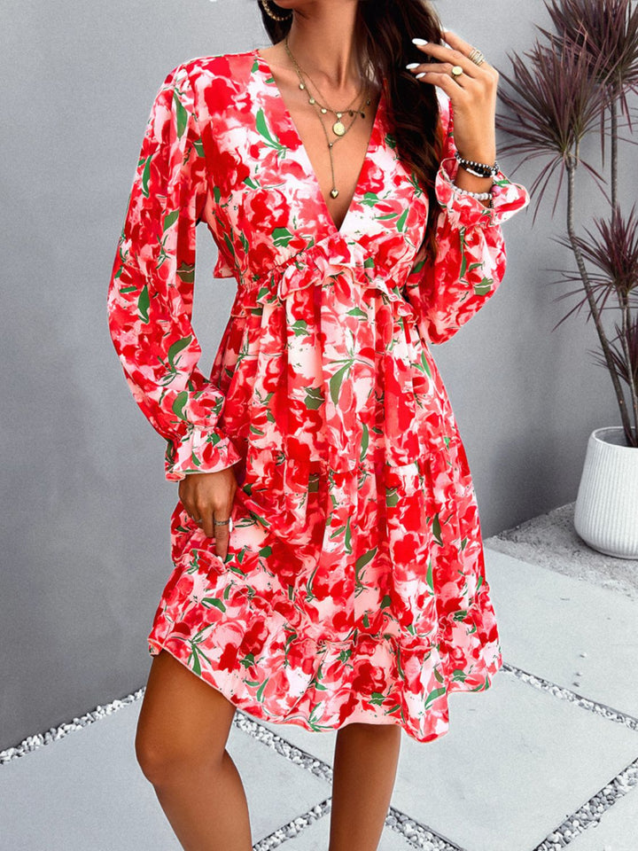 Backless Printed V-Neck Flounce Sleeve Dress | Trendsi