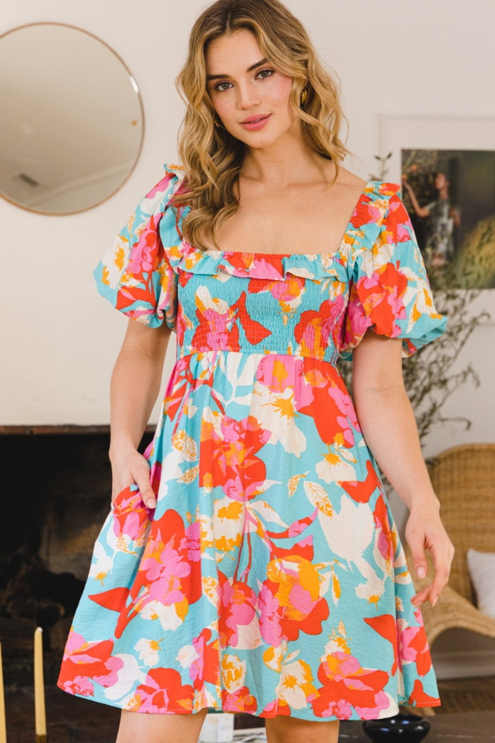 ODDI Printed Smocked Puff Sleeve Mini Dress | Trendsi