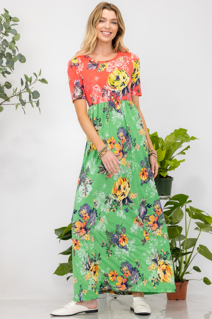Celeste Full Size Printed Round Neck Short Sleeve Maxi Dress | Trendsi