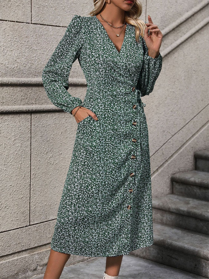 Printed Surplice Long Sleeve Midi Dress | Trendsi