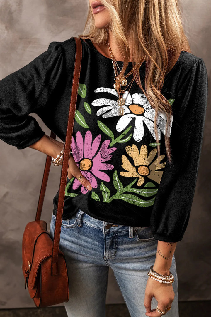 Flower Graphic Round Neck Long Sleeve Top | Trendsi