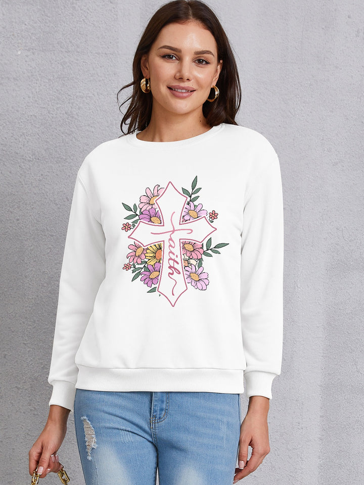 Cross Graphic Round Neck Dropped Shoulder Sweatshirt | Trendsi