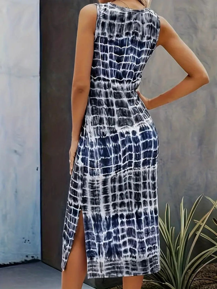 Slit Printed Round Neck Sleeveless Dress | Trendsi