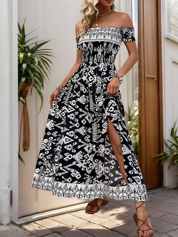 Slit Printed Off-Shoulder Dress | Trendsi