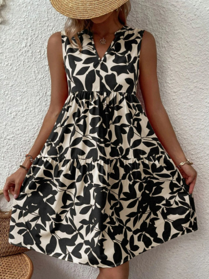 Printed Notched Sleeveless Mini Dress | Trendsi