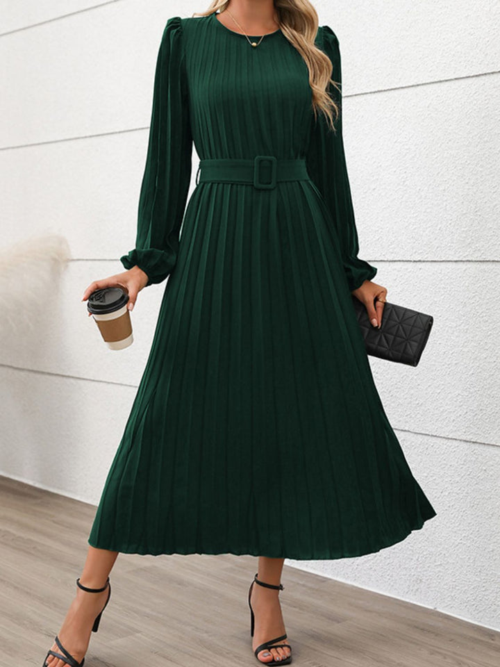 Perfee Pleated Round Neck Long Sleeve Midi Dress | Trendsi