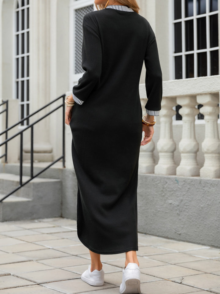 Slit V-Neck Long Sleeve Midi Dress | Trendsi