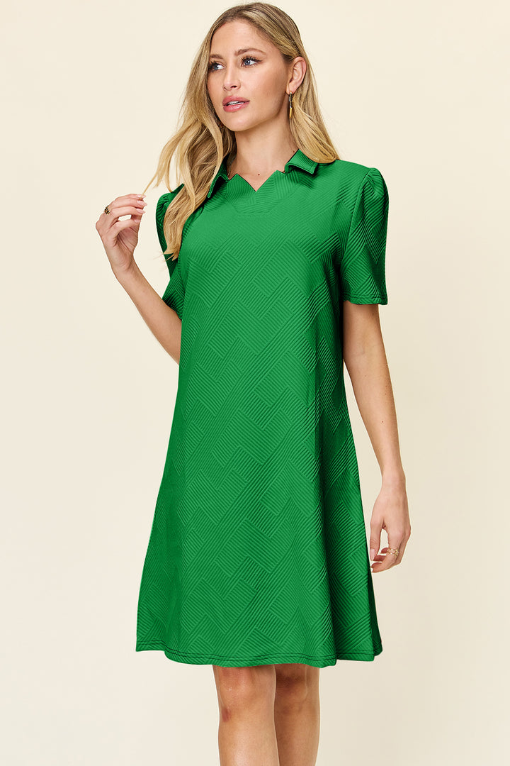 Double Take Full Size Texture Collared Neck Short Sleeve Dress | Trendsi