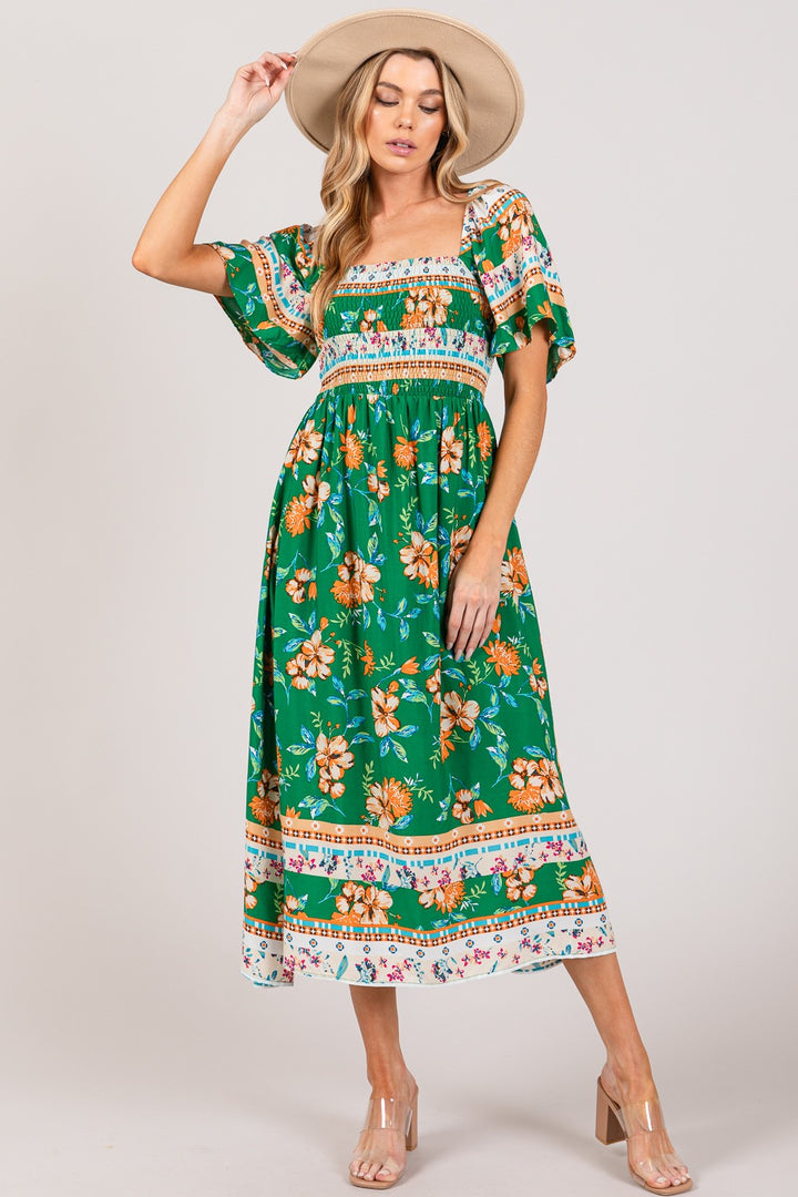 SAGE + FIG Printed Smocked Short Sleeve Midi Dress | Trendsi