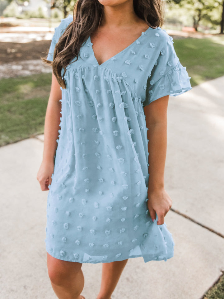 Swiss Dot V-Neck Short Sleeve Mini Dress | Trendsi